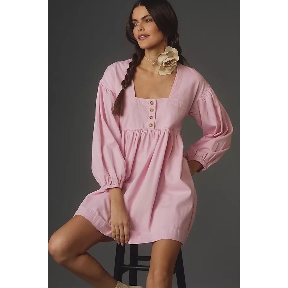 Anthropologie Pilcro Pink Cotton Denim Babydoll Mini Dress Square Neck 2X